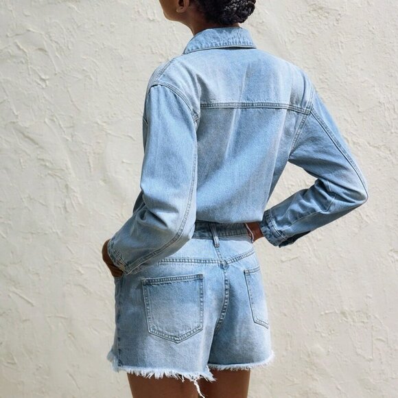 Light Wash Casual Women's Denim Bib Pants Long Sleeve Romper Jumpsuit - Picture 3 of 6